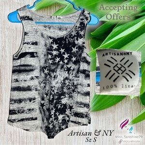 Artisan & NY - Sz S - 100% linen tank top stripes and stars grey black
